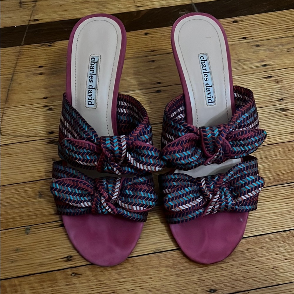 Charles David Pink Bow Slide Heels with Multicolor Accents
